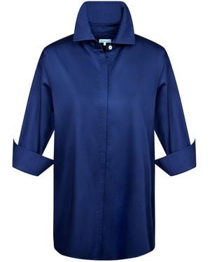 Perlavera Cely Solid Cotton Satin Three Quarter Sleeve Length Missy Fit Shirt - Blue