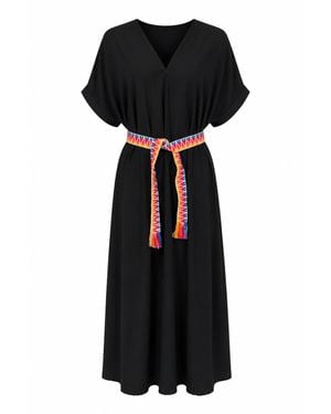 Conquista Contrast Belt Midi Dress - Black
