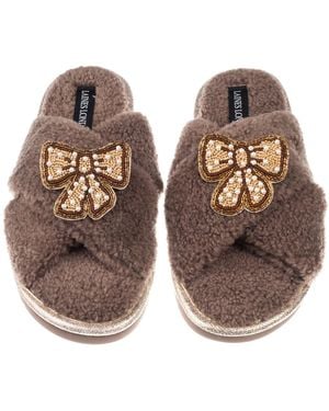 Laines London Neutrals Neutral Boucle Slippers With & Pearl Beaded Pretty Bow Brooches - Brown