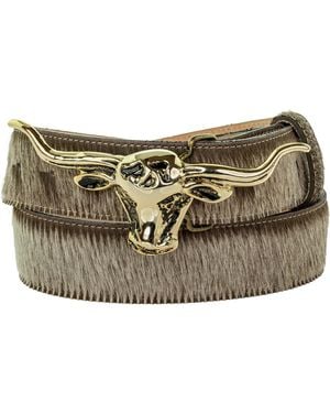 Peachy Belts Ltd Brindle Cowhide Leather Belt With Steers Head Buckle - Metallic