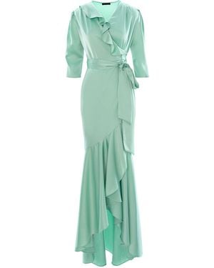concept A trois Mint Long Cocktail Dress With Train And Three-Quarter Sleeves - Green