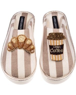 Laines London Neutrals Flatform Stripe Closed Toe Slippers With Coffee & Croissant Brooches - Multicolor