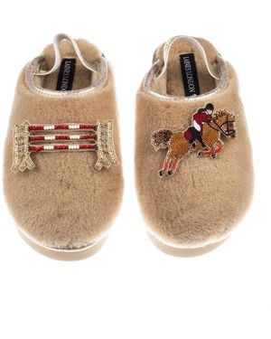 Laines London Neutrals Flatform Cloud Closed Toe Slippers With Show Jump Horse Brooches - Brown