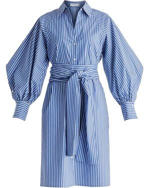Paisie Striped Volume Sleeve Shirt Dress With Matching Tie Belt - Blue