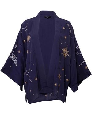 Artemis Muse Cosmos Embroidered, Ivory & Fully Lined Short Kimono - Blue