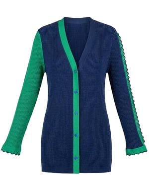 Arto. Lace Trims Contract Ribbed Knit Cardigan - Blue
