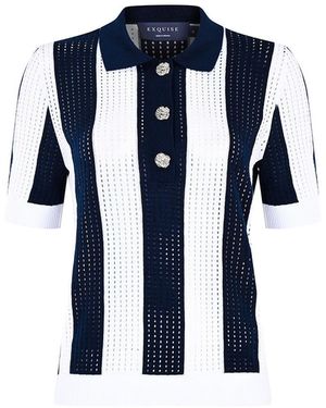 Exquise Polo Collar Knit Blouse With Buttons - Blue