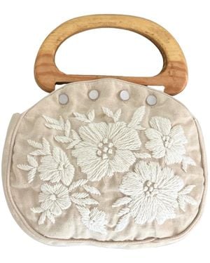 Pick Happy Bermuda Bag Canvas Floral Embroidery Wooden Handles - Metallic