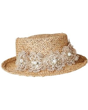 Misa Harada Millinery Neutrals June Straw Boater With Lace Flowers - Natural
