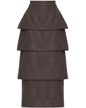 Julia Allert Tiered High Waist Midi Skirt- - Checked - Brown