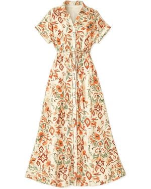 Yumi' Neutrals Ivory Viscose Relaxed Boho Print Maxi Shirt Dress - Metallic