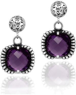 Unaloe Sterling Hydrothermal Quartz Drop Earrings With Engraved Stud And Cushion Cut Stone Jewellery For - Purple