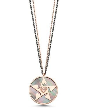Ecce | Artisan Diamonds 925K Sterling Plated Happy Star Heart Diamond Double Chain Necklace With Mother Of Pearl - Metallic