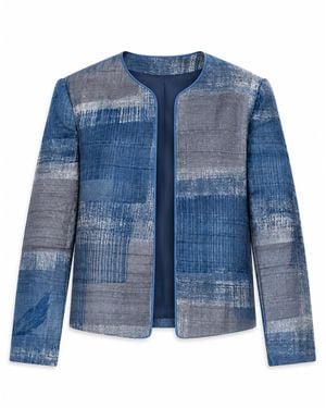 Stovaria Handblock Printed Pure Tussar Silk Statement Jacket - Blue