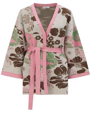Peraluna Floral Pattern Shimmer Detailed Short Knit Kimono - Pink