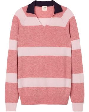Salts Cashmere Split Neck Polo Stripe Jumper - Pink