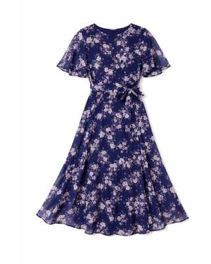 Yumi' Blossom Print Midi Skater Dress With Angel Sleeves - Blue