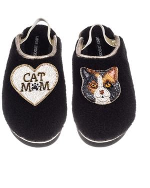 Laines London Flatform Cloud Slippers With Calico British Shorthair Cat & Cat Mum/Mom Brooches - Black