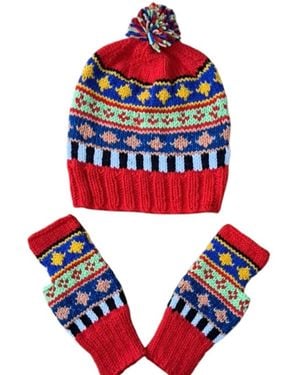 Springmoonatelier Handcrafted Wool Hat And Fingerless Gloves Set With Mixed Colours - Blue