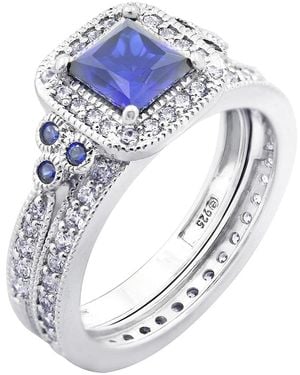Diamonbliss Princess Cut Sapphire Halo Antique Bridal Set - Blue