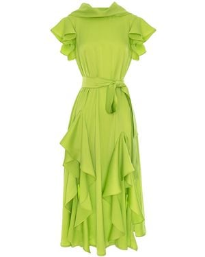 concept A trois Midi Lime Dress With Side Slits And Cascading Ruffles With Scarf - Green