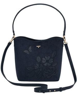 Fable England Margot Floral Applique Faux Suede Bucket Bag - Blue