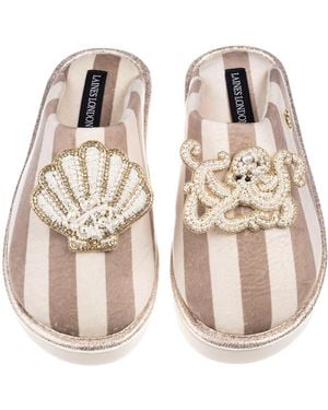 Laines London Neutrals Flatform Stripe Closed Toe Slippers With Pearl Shell & Octopus Brooches - Multicolor
