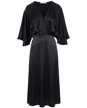 Noria Anis Dhalia Viscose Satin Midi Dress With V-Neck And Batwing Sleeves - Black