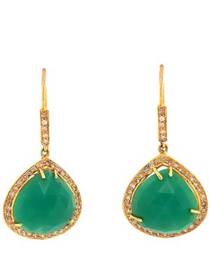 Artisan Chrysoprase Drop Earrings With Diamond Halo - Green