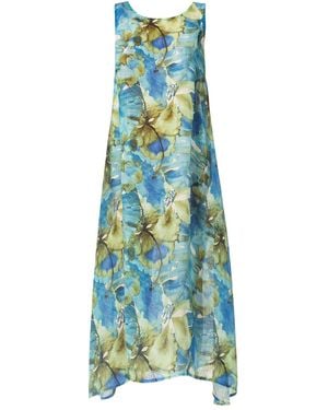 Haris Cotton Asymetrical Printed Linen Gauze Tank Dress Forest - Blue