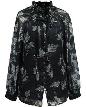 Smart and Joy Sheer Feather Print Blouse With Tie Neck - Black