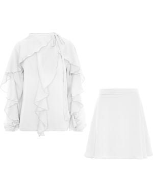 BLUZAT Ruffle Two-Piece Set With Tie-Neck Blouse - White