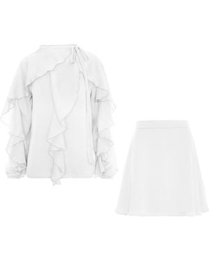 BLUZAT Set With V Neck Shirt & Ruffle Skirt - White