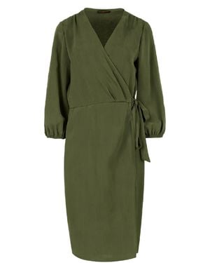 Conquista Khaki V-Neck Wrap Dress With 3/4 Sleeves – 100% Tencel Woven - Green
