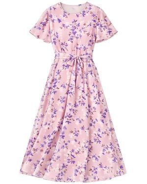Yumi' Blossom Skater Midi Dress With Angel Sleeves - Pink