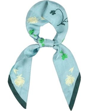 Heritagemoda Hand-Painted Mint Aqua Silk Twilly Scarf – With & Floral Print - Blue