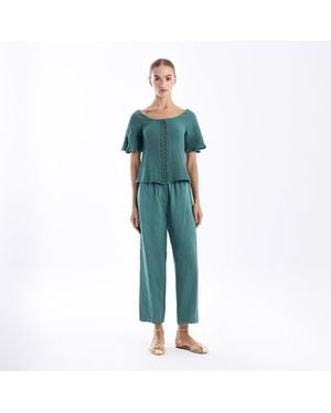 Haris Cotton Off Shoulder Textured Cotton Blouse With Sheer Lace Emerald - Blue