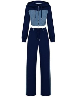 Gov Denim Denim Detail Cotton Tracksuit Set With Two-Way Zipper - Blue