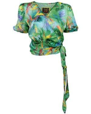 Lalipop Design Double-Breasted Blouse With Digital Print Leaf Patterns - Green