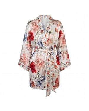 Vimissia Blossom Serenity Short Silk Kimono Style Robe - Red