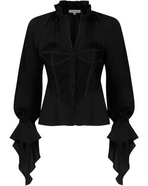 Cavanagh Baker Corset Button Down Raglan Long Sleeve Blouse - Black
