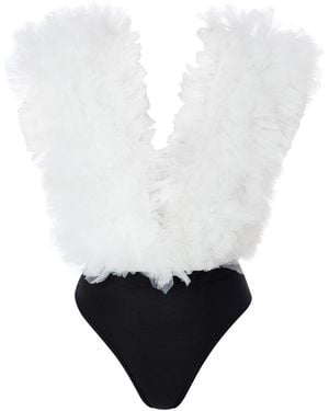 LIA ARAM Signature Off- Ruffled Tulle Bodysuit - White
