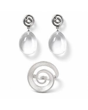 Ormiro Vortex Clear Quartz Crystal Spiral Ring & Earrings Jewelry Set - White