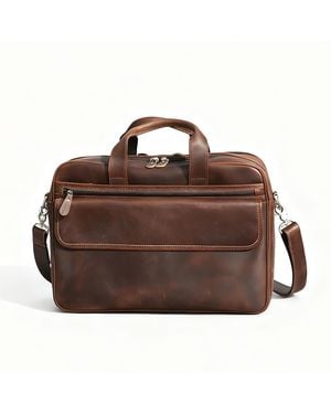 Touri Genuine Leather Briefcase With Large Front Pockets - Brown