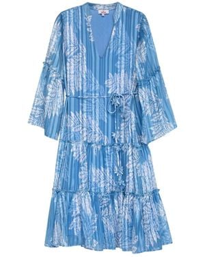 Niza Floral Print Straight Dress With Short Sleeves - Blue