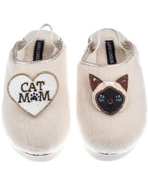 Laines London Neutrals Flatform Cloud Slippers With Siamese Cat & Cat Mum Mom Brooches - Metallic