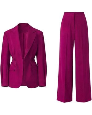 BLUZAT Fuchsia Suit With Waist Accentuated Blazer And Wide-Leg Trousers - Purple