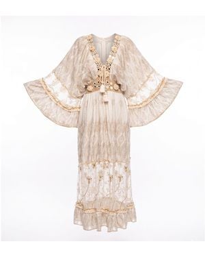 Tantra Spain Sl Neutrals Long Block-Print Dress With Lace And Embroidery And Wide Sleeves Ecru - Natural
