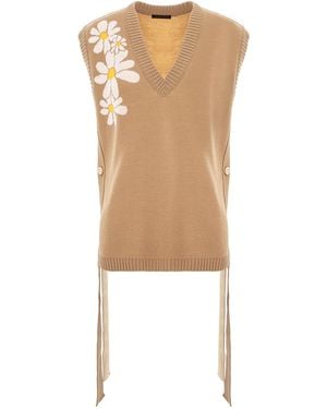 concept A trois Neutrals Camel Knitted Vest With Daisies And Side Ribbons - Natural