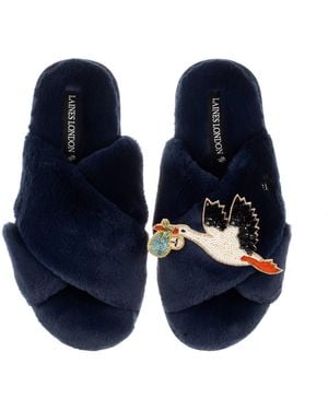 Laines London Classic Laines Slippers With Baby Boy Stork Brooch - Blue